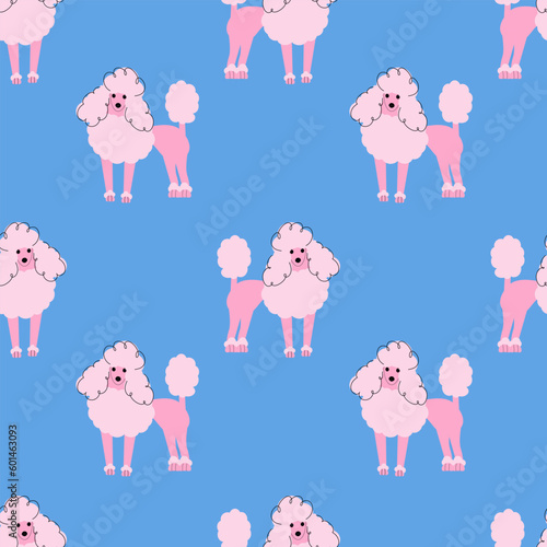 Pink poodle on a blue background. Seamless dog pattern.