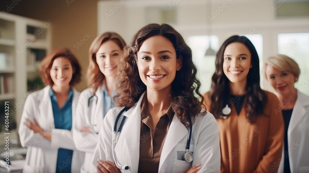Portrait group of diverse Female Physicians Doctors together, Generative AI