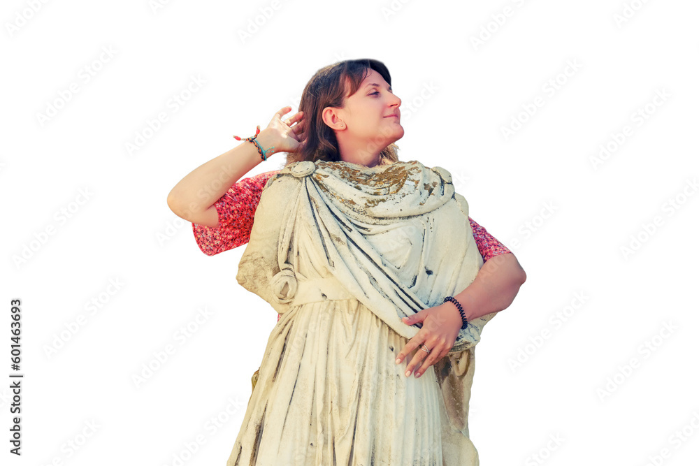 woman in the background of an antique Roman statue on the ruins of Carthage, isolated on a white background