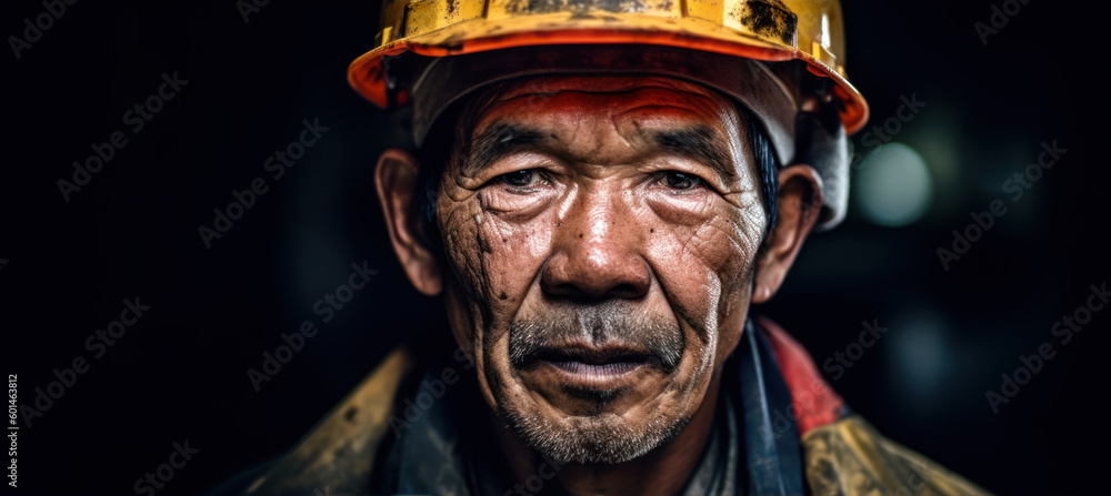 Asian man with face dirty, helmet on his head, dark background to emphasise deep mine - natural resource miner, concept of hard working conditions mining industry in China and Asia. Generative AI Asian man with face dirty, helmet on his head, dark background to emphasise deep mine - natural resource miner, concept of hard working conditions mining industry in China and Asia. Generative AI
