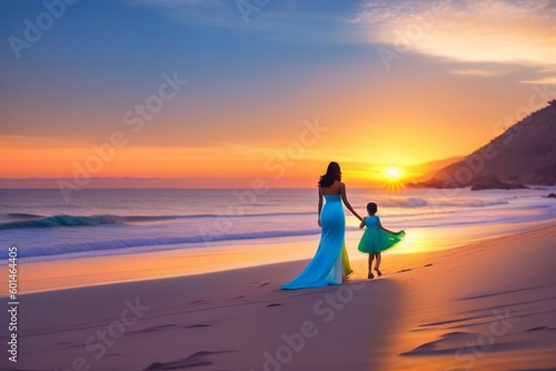 Mother and Little Daughter on the Beach at Sunset-3