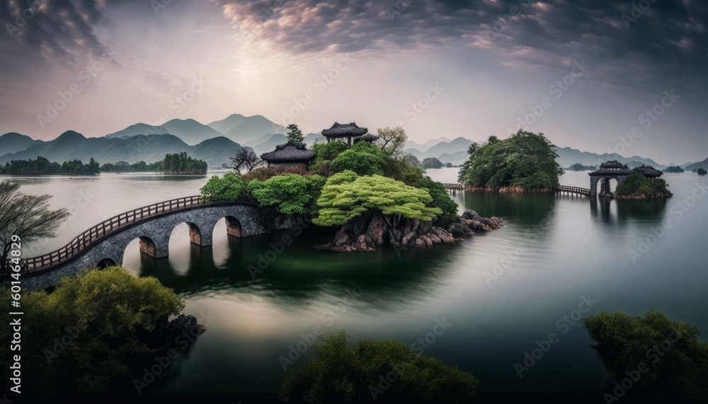 Beautiful landscape with lake and bridge at sunset, Hangzhou, China. Generative AI