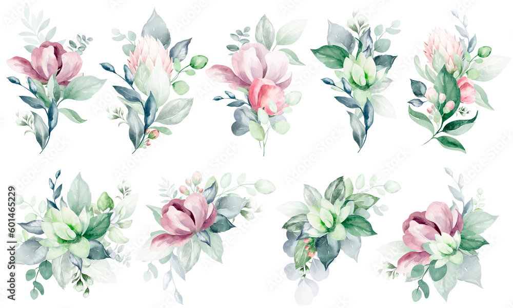 Fototapeta premium Set of illustrations of watercolor flower bouquet - pale pink, green, pink flower, green leaf leaves, branches of bouquets collection. Wedding stationery, congratulations, wallpapers, backgrounds