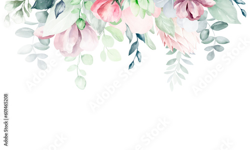Set of illustrations of watercolor flower bouquet - pale pink  green  pink flower  green leaf leaves  branches of bouquets collection. Wedding stationery  congratulations  wallpapers  backgrounds
