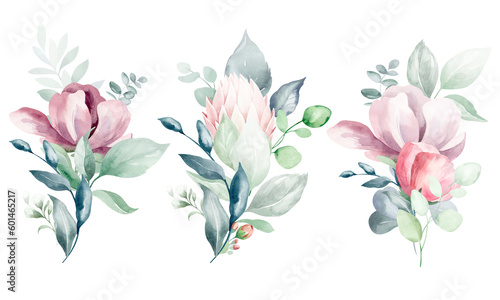 Fototapeta Naklejka Na Ścianę i Meble -  Set of illustrations of watercolor flower bouquet - pale pink, green, pink flower, green leaf leaves, branches of bouquets collection. Wedding stationery, congratulations, wallpapers, backgrounds