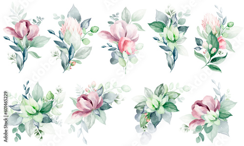 Set of illustrations of watercolor flower bouquet - pale pink  green  pink flower  green leaf leaves  branches of bouquets collection. Wedding stationery  congratulations  wallpapers  backgrounds