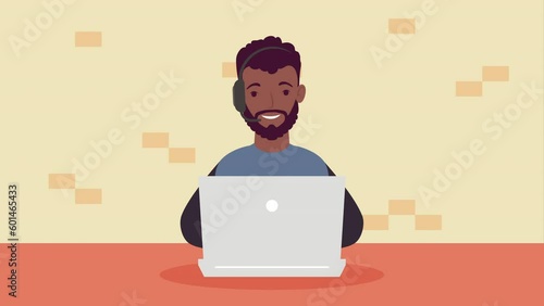 afro man using laptop character animation