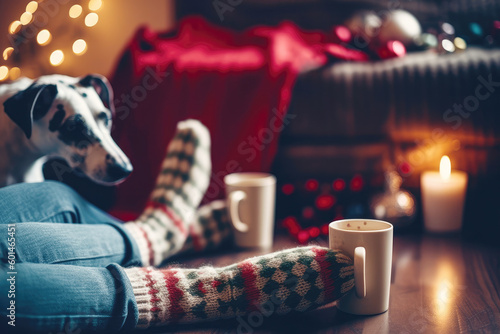Cozy woman in knitted winter warm socks with her dog and coffee during resting on couch at home in Christmas holidays.