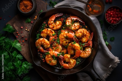 King prawns with salsa and herbs served in a skillet 