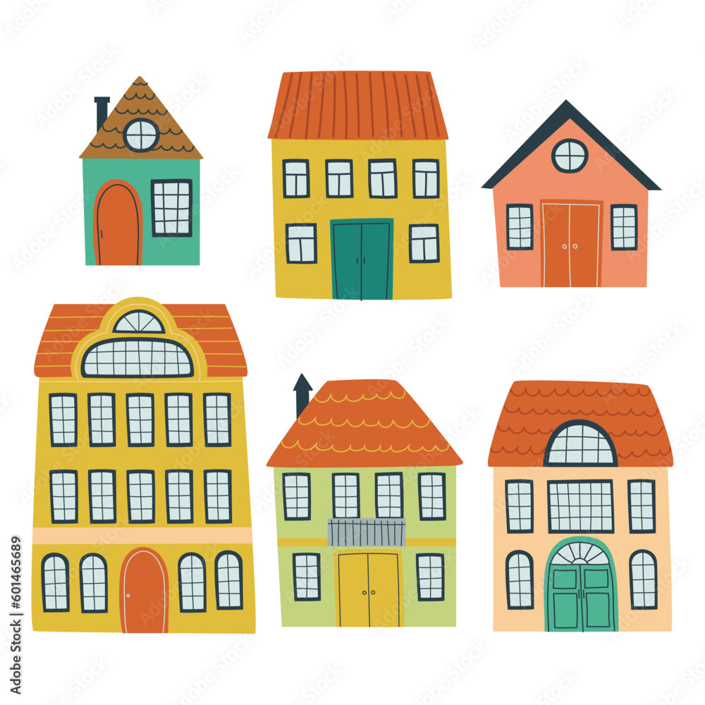 A set of cute houses for children's design. Hand drawn vector illustration. Can be used for children's textiles, poster printing in the boy's nursery.
