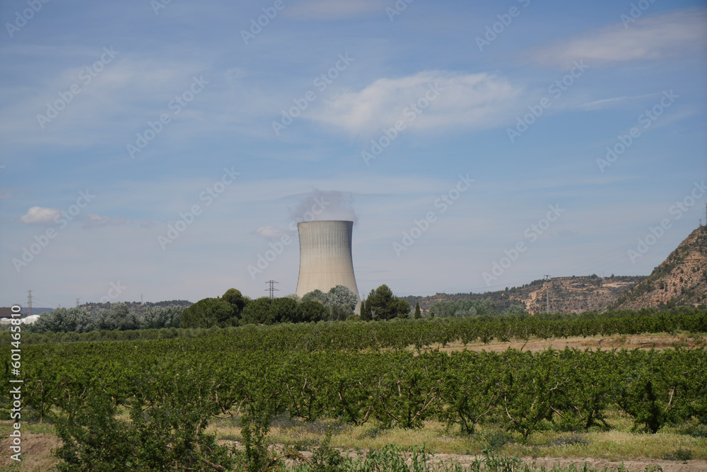 Nuclear power plant on the Rio Ebro in Spain with a cooling tower in a nice landscape Nuclear power plant on the Rio Ebro in Spain with a cooling tower in a nice landscape