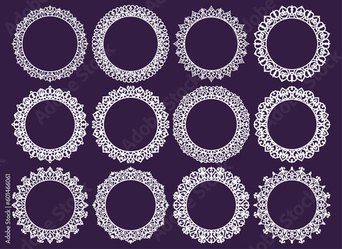 Laser cut vector frame collection, vector ornament, vintage frame set. Photo frames with lace border for paper cutting.