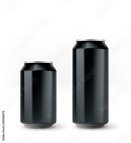 Black aluminium beer cans mockup isolated on white background. 3d vector illustration