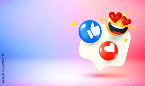 Chat bubble with social media reactions. 3d vector banner with copy space photo