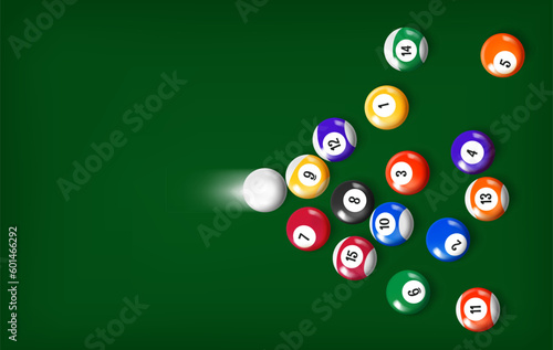 White ball shooting in pyramid of color billiard balls. 3d vector banner with copy space
