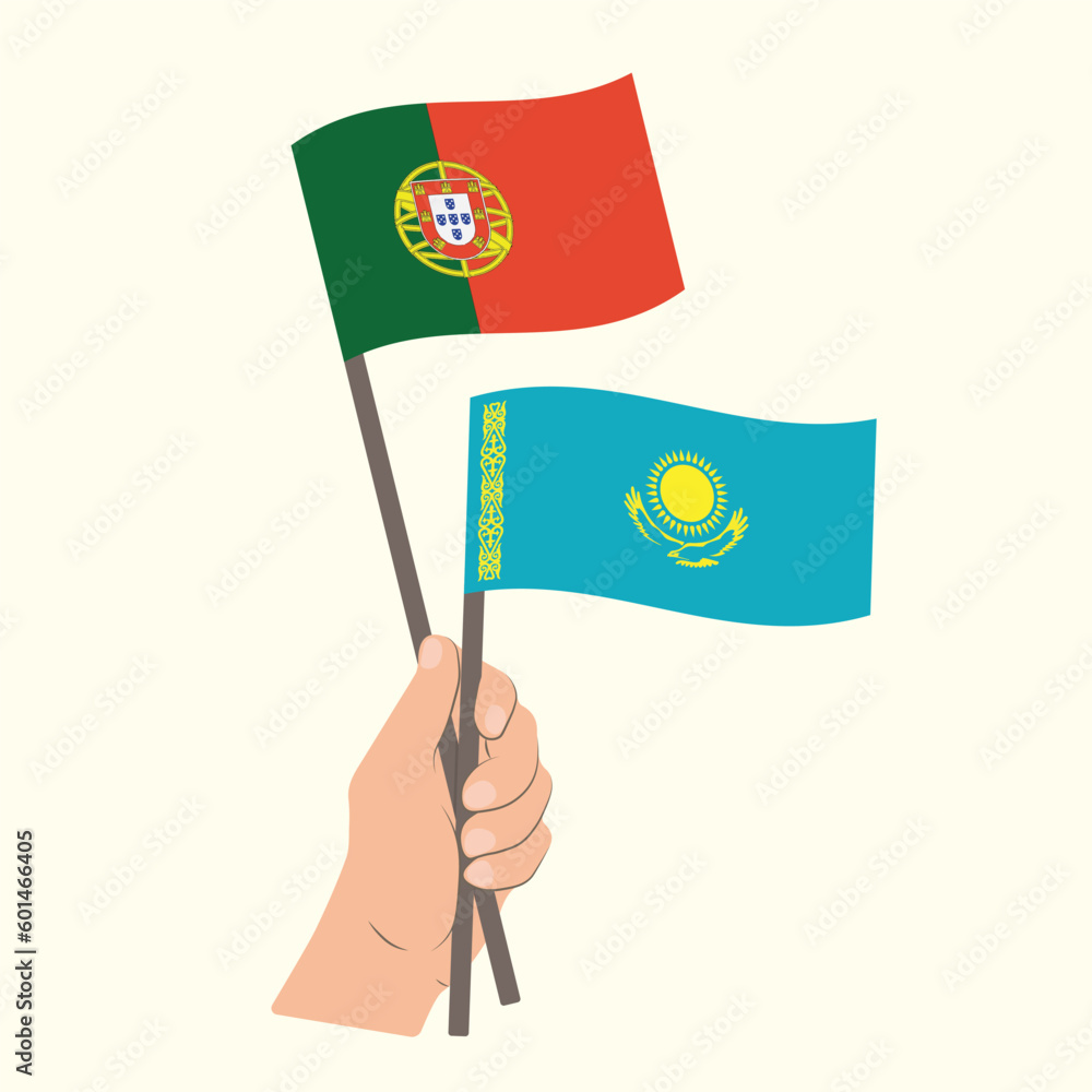 Flags of Portugal and Kazakhstan, Hand Holding flags Flags of Portugal and Kazakhstan, Hand Holding flags