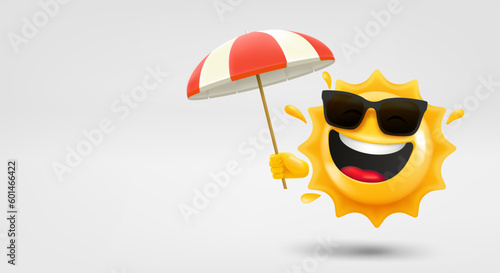 Happy sun emoji with umbrella in a hand. 3d vector banner with copy space