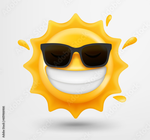 Smiling sun emoticon with sunglasses. 3d vector emoji isolated on white background 