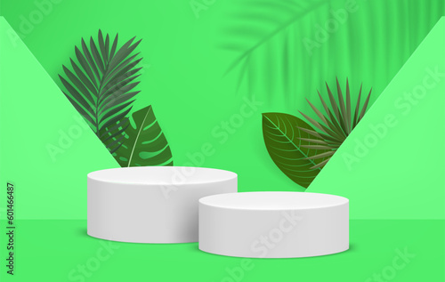Bright interior with two podiums and green leaves. Eco friendly product showcase template. 3d vector background