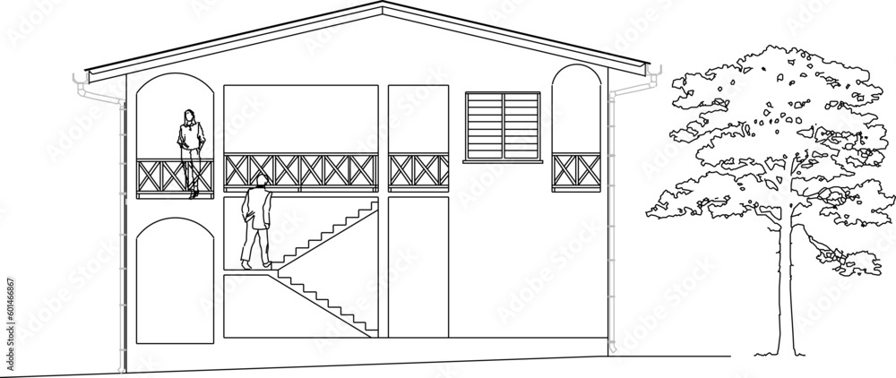 Vector sketch illustration of a classic colonial style 2-storey conference hall