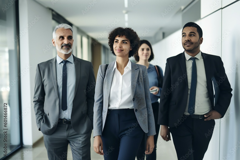 Team of corporate professionals discussing business in office corridor. Friendly atmosphere in team. Generative AI Team of corporate professionals discussing business in office corridor. Friendly atmosphere in team. Generative AI