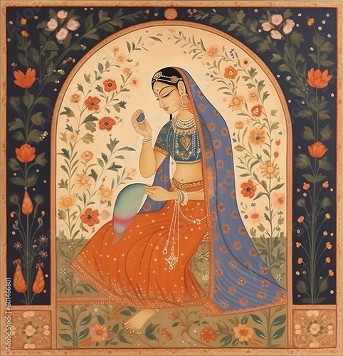 An Indian folk style mural illustration of a woman in saree with flowers. Generative Ai.