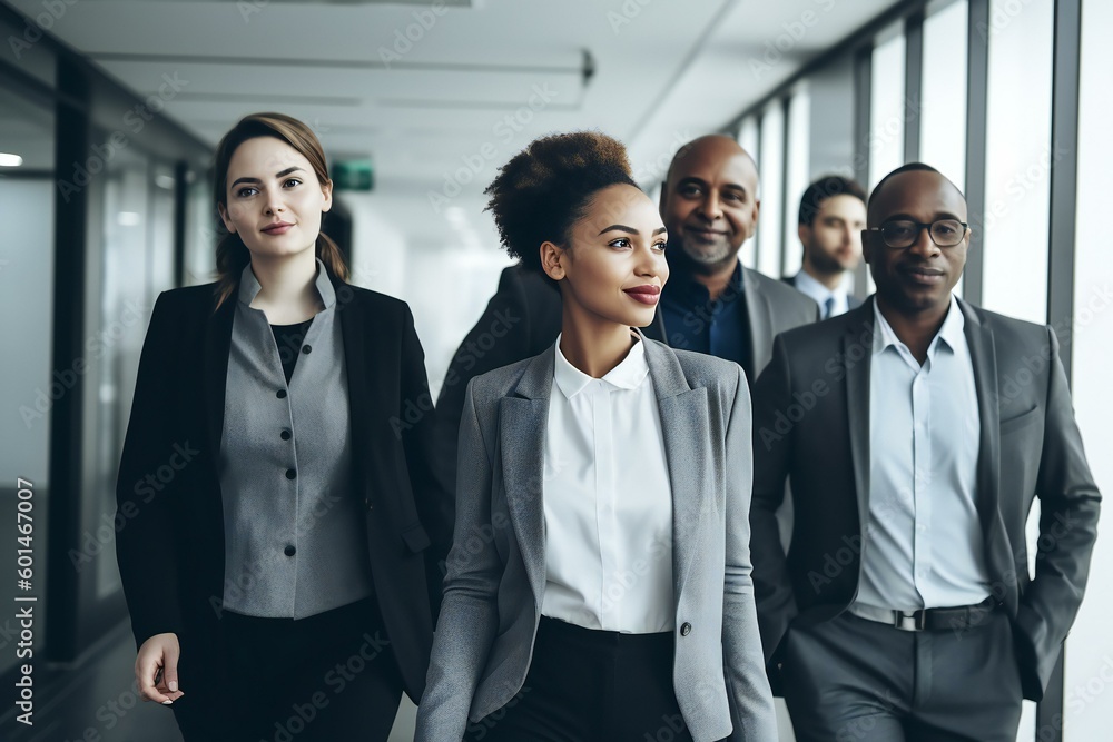 Team of corporate professionals discussing business in office corridor. Friendly atmosphere in team. Generative AI Team of corporate professionals discussing business in office corridor. Friendly atmosphere in team. Generative AI