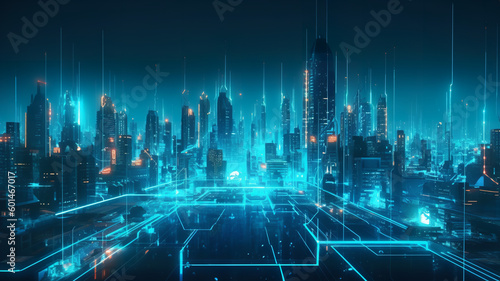 Futuristic digital city  matrix megapolis. Data transfer technology. Cyberpunk  Abstract technological background  bright neon lights