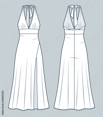 Halter Neck Dress technical fashion illustration. Knotted maxi Dress fashion flat technical drawing template, front slit, back zip-up, draped, front and back view, white color, women CAD mockup.