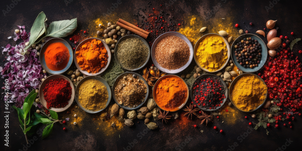 Colourful various spices and herbs for cooking on dark stone background, Generative ai Colourful various spices and herbs for cooking on dark stone background, Generative ai