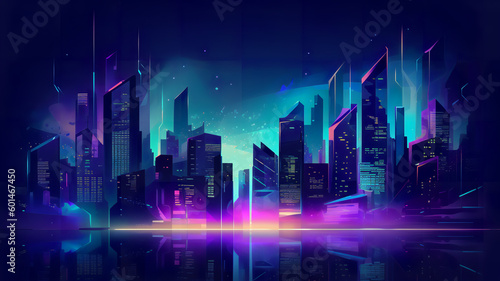 illustration urban architecture  cityscape with space and neon light effect. Modern hi-tech  science  futuristic technology concept. Abstract digital high tech city design