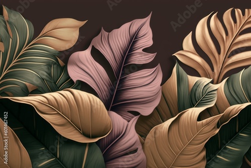 Vintage tropical green brown leaves, beige background, golden texture. Luxury mural, premium wallpaper. 3d painting illustration, watercolor design. Seamless border. Stylish cloth, Generative AI