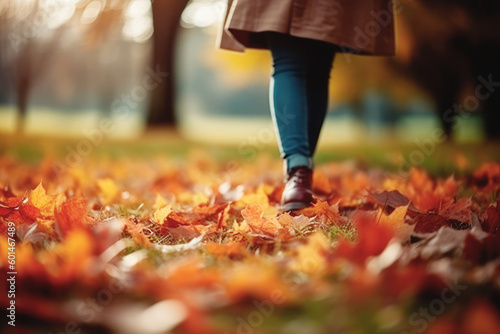 Woman alone walks in the sunny autumn season park. Selective focus