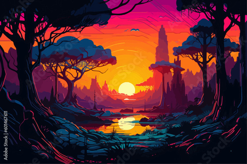 Lush alien landscape in the style of a wood carving in neon colors