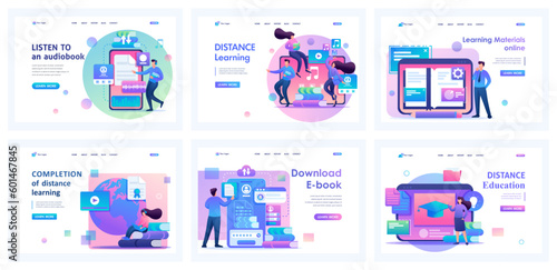Collection of online training landing pages. People study remotely, courses, university, books, diploma online. Cartoon flat characters