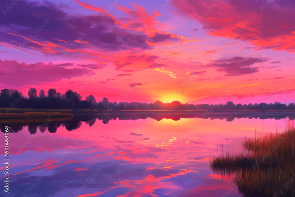 colorful purple heavenly sunset sky by calm evening river landscape generative ai