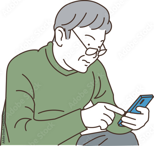 スマホを操作する高齢者男性
