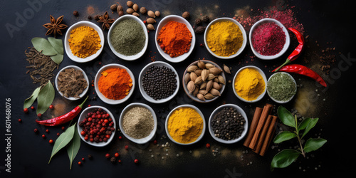 Colourful various spices and herbs for cooking on dark stone background, Generative ai