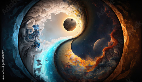 yin yang symbol with yin yang, creation of cosmos, duality in the universe, life is birthing. Concept. Illustration. Generative Ai.