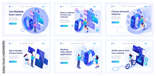 Collection isometric of landing pages in smart technologies. Girl and the man training, running, measure the pressure, speed, second, distance
