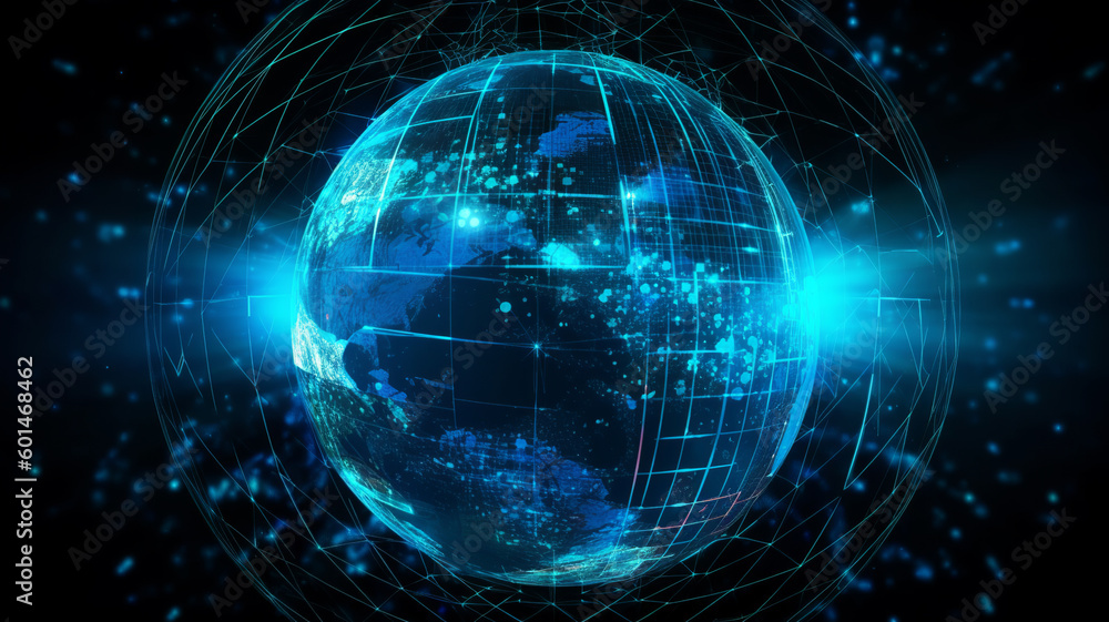 Obraz premium Digital data globe - abstract illustration of a scientific technology data network surrounding planet earth conveying connectivity