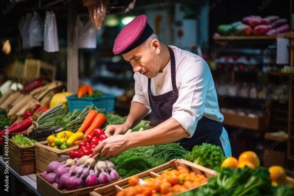 Obraz premium Chef wearing uniform choosing fresh vegetables at food market. Organic products of highest quality for cooking in restaurant. Created with Generative AI