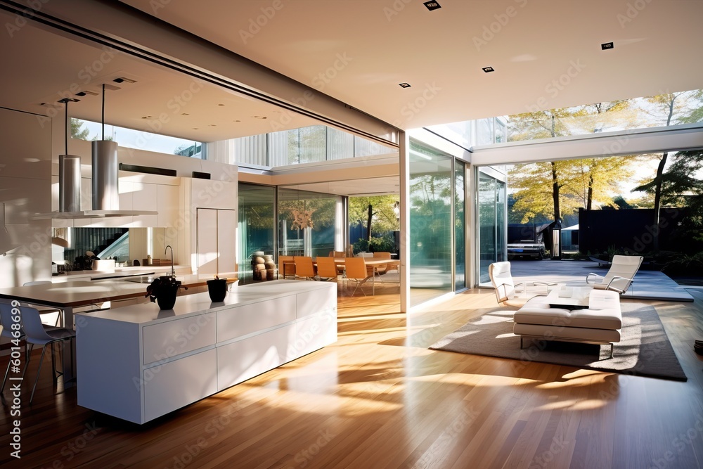 Fototapeta premium An open plan kitchen and living space in a modern, sleek style, generative AI
