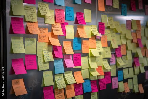 Sticky notes board in office. Many different colorful paper stickers pinned on wall. Memory notes for business planning. Created with Generative AI