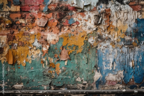 Aged wall with colorful peeling pieces of paint. Abstract wallpaper background. Created with Generative AIAI