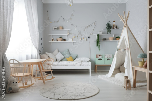Child room in scandinavian style with natural colors and wooden furniture. Interior of cozy kids bedroom. Created with Generative AI