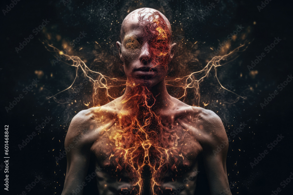 Astral body silhouette on dark background. Esoteric, spiritual life and meditation concept. Afterlife and connection with other worlds. Created with Generative AI Astral body silhouette on dark background. Esoteric, spiritual life and meditation concept. Afterlife and connection with other worlds. Created with Generative AI
