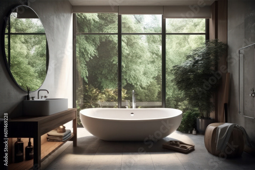 Find peace and relaxation in this bright and clean bathroom, featuring a sleek freestanding bathtub and contemporary fixtures. AI Generative.