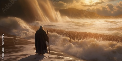 Photo Moses opening the Red Sea in the Exodus part of the Bible, generative ai