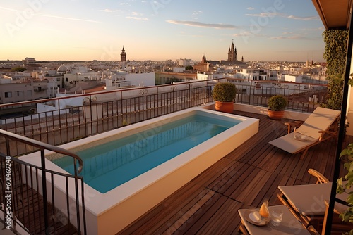 Impressive penthouse terrace with a swimming pool overlooking Sevilla, generative AI